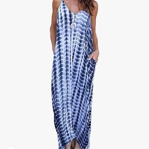 NWT Tie Dye Summer Beach Dress Casual Spaghetti Strap Maxi Dress  with pockets